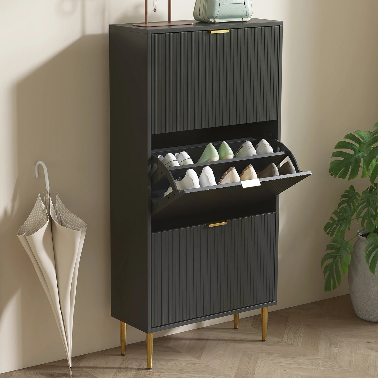 HOMCOM Narrow Shoe Cabinet with 3 Flip Drawers - Black