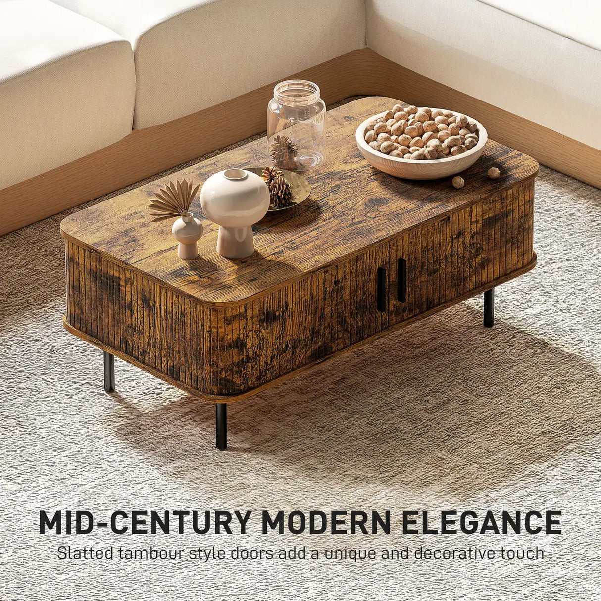 HOMCOM Coffee Table with Storage, Living Room Table with Slatted Tambour Sliding Doors and Foot Pads, Rectangular Coffee Table with Elevated Base for Living Room, Rustic Brown