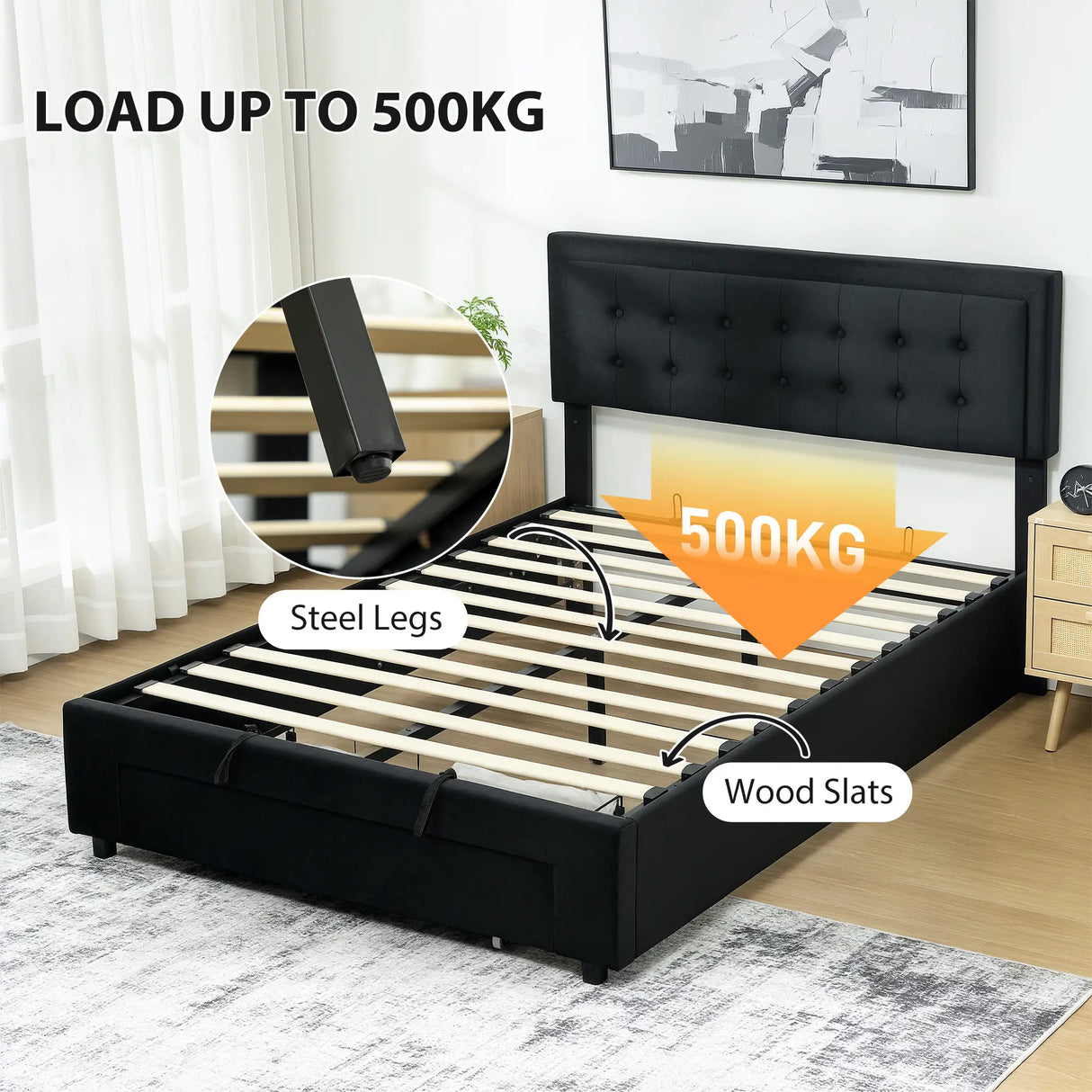 HOMCOM Double Ottoman Bed Frame, with Front Drawer - Black