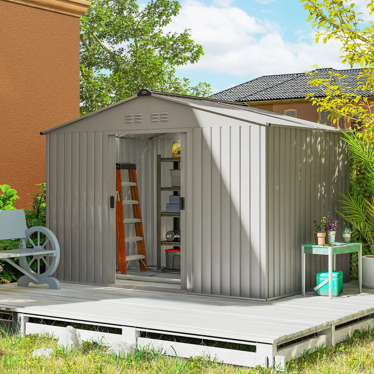 Outsunny Garden Storage Shed, Metal Outdoor Storage Shed House with Foundation Kit, Ventilation, Doors, 9 x 6FT, Grey