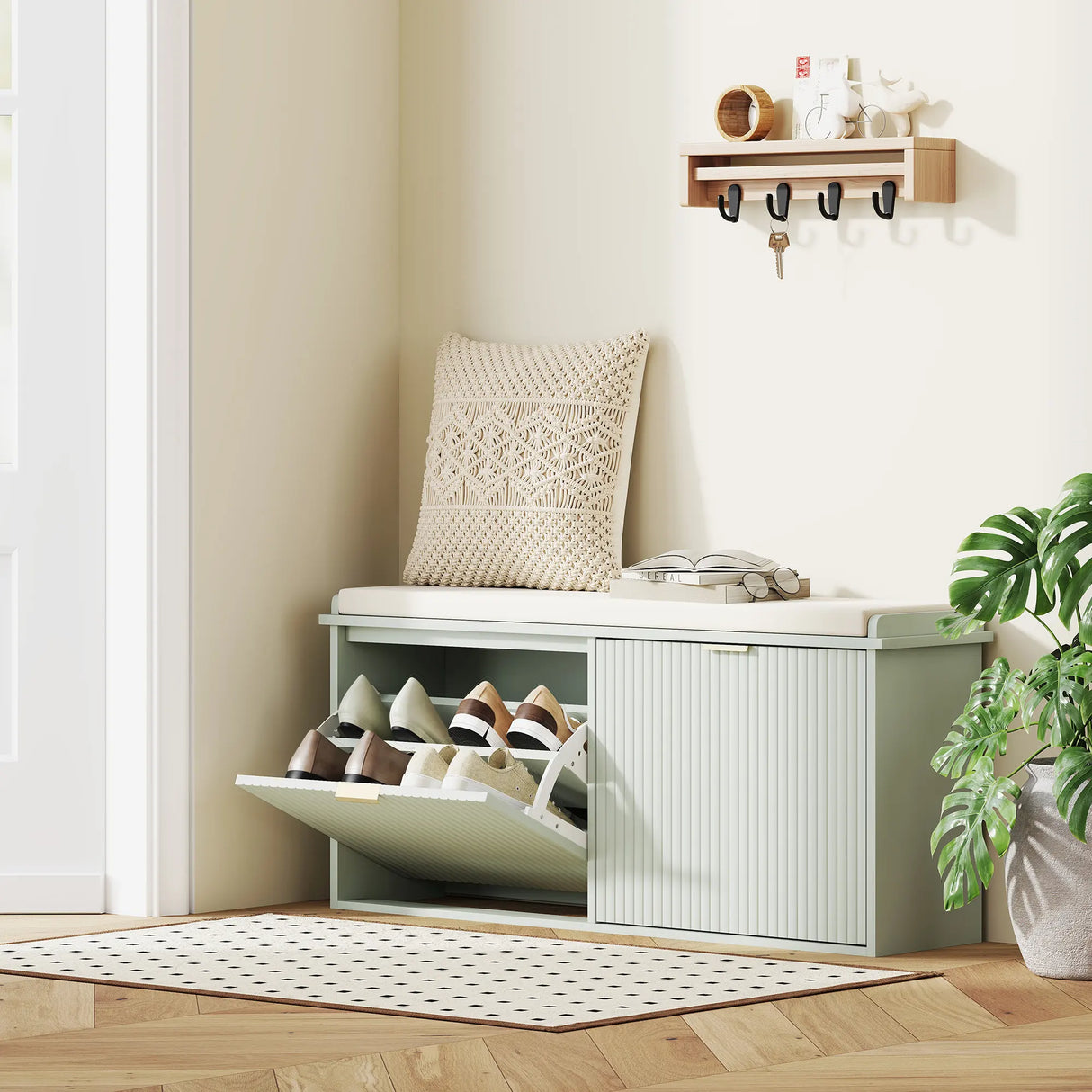 HOMCOM Elegant Ten Shoe Bench, with Top Seat - Green