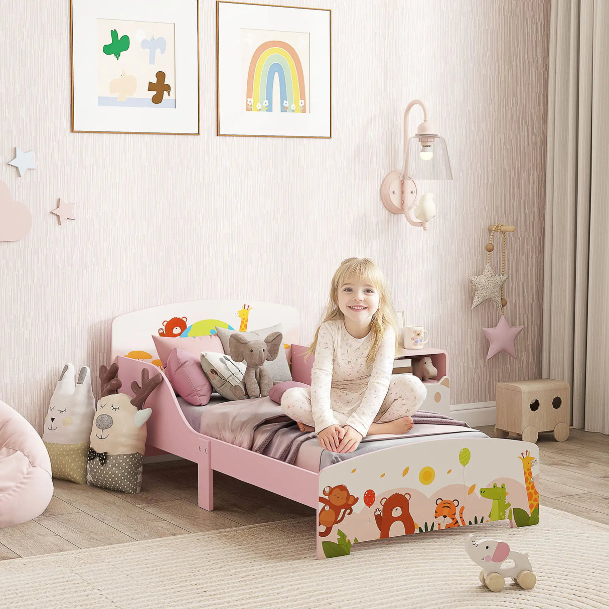 AIYAPLAY Cute Animal-Themed Toddler Bed, with Safety Rails, 143 x 77 x 60cm, Pink
