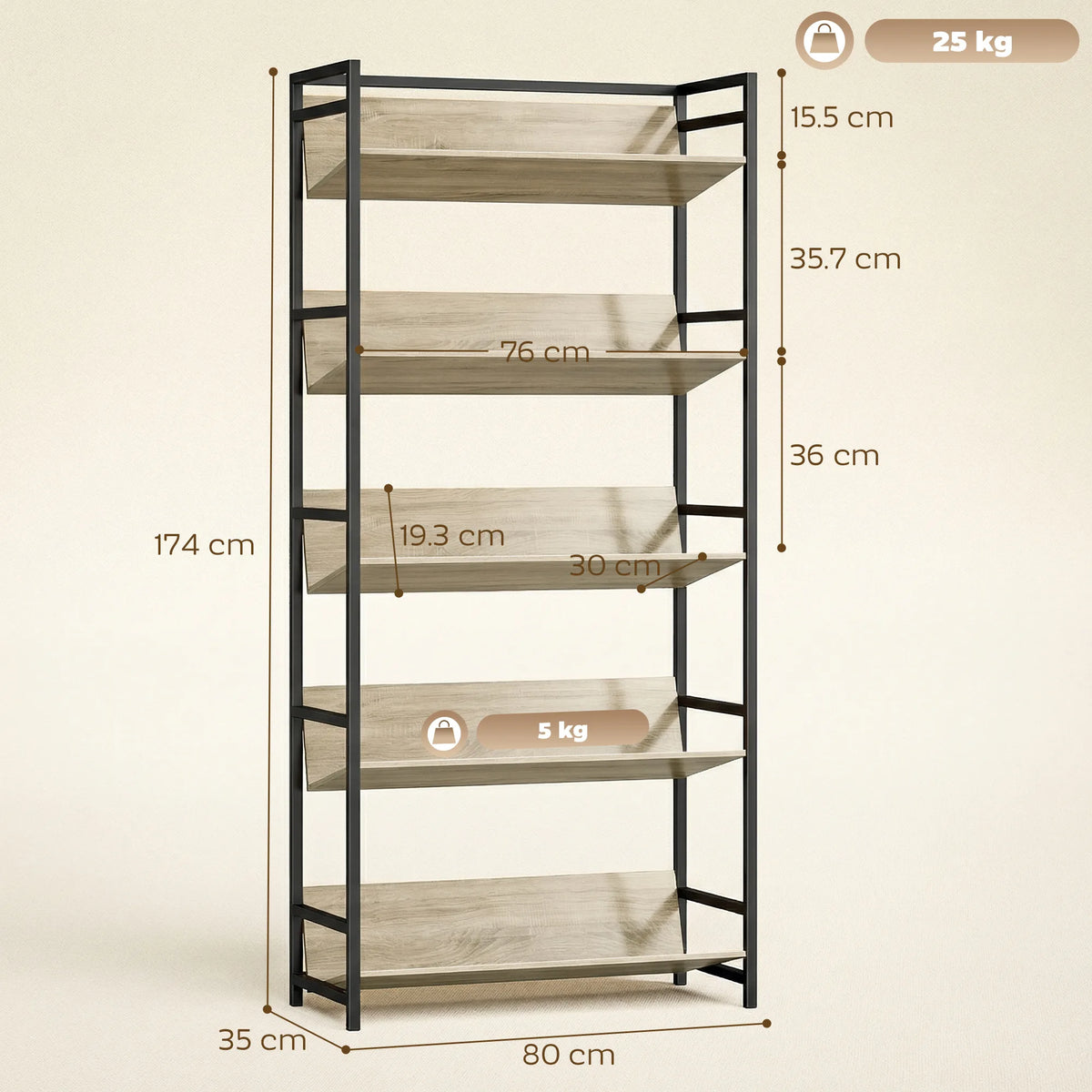 HOMCOM Bookshelf 5-Tier Metal Frame Bookcase Storage Shelves for Living Room Oak