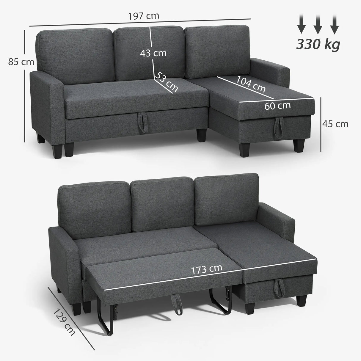 HOMCOM Three-Seater Storage Sofa Bed - Charcoal Grey