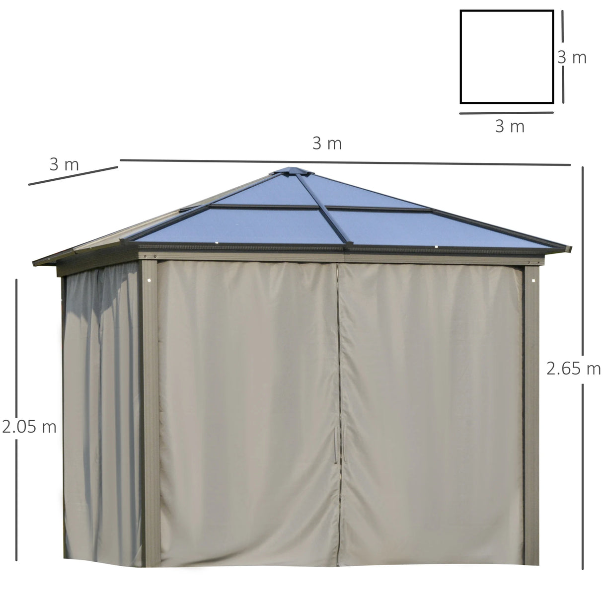 Outsunny 3 x 3(m) Hardtop Gazebo Canopy with Polycarbonate Roof, Aluminium Frame, Permanent Pavilion Garden Gazebo with Netting and Curtains for Patio, Deck, Dark Grey