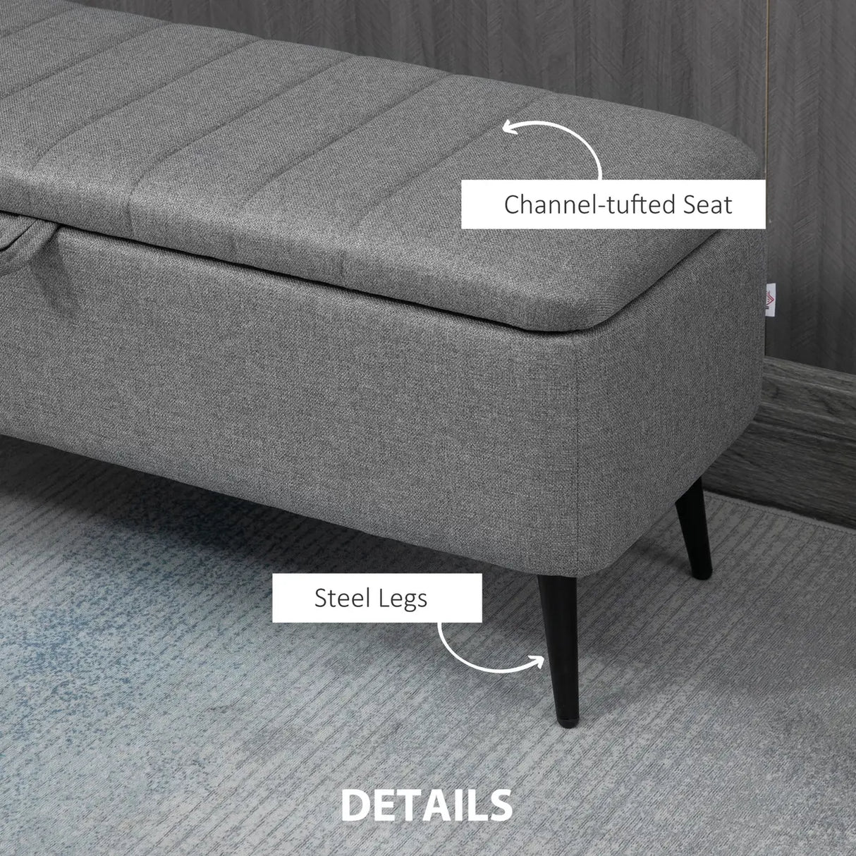 HOMCOM Storage Ottoman with Flip Top, Rectangular Upholstered Bench, Linen Look Fabric Footstool with Steel Legs for Living Room, Bedroom, Grey