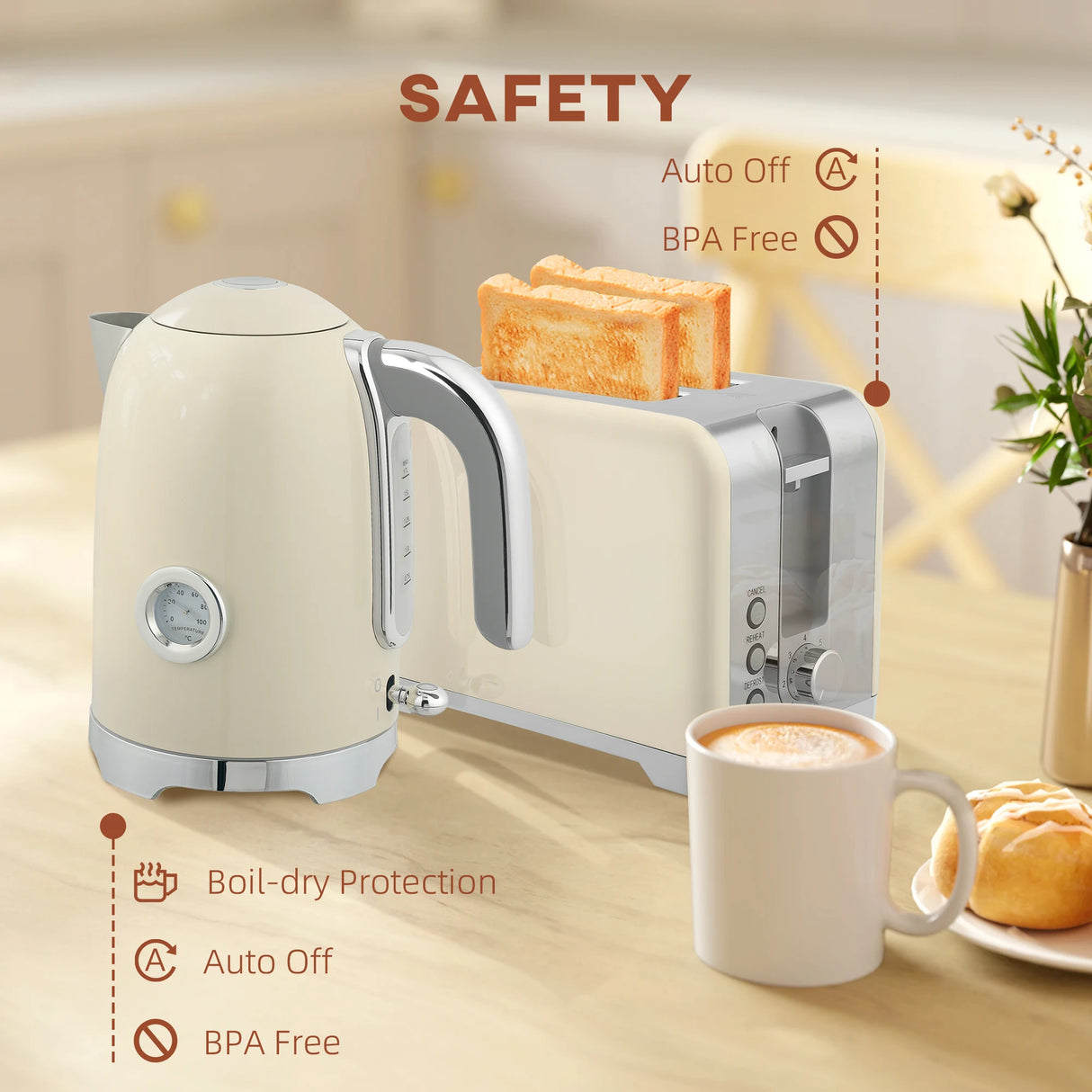 HOMCOM Retro Toaster and Kettle Set - Cream