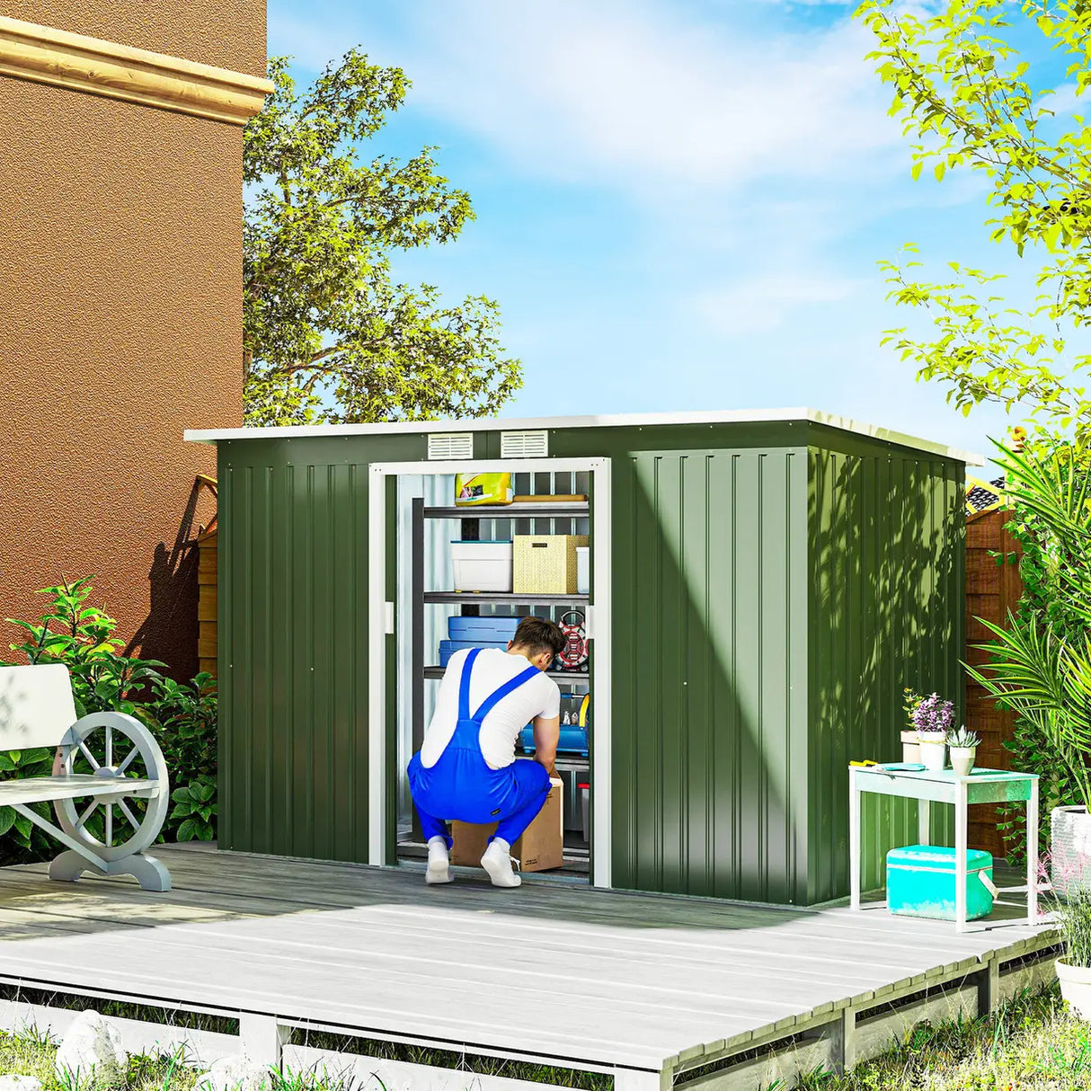 Outsunny 9ft x 4ft Metal Garden Shed, Outdoor Tool House with Foundation Kit, Ventilations and Double Doors, Light Green