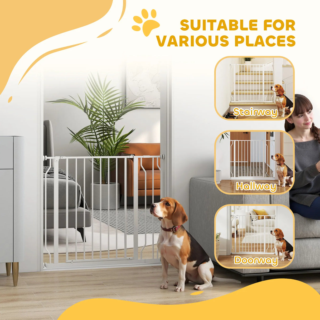 PawHut Wide Dog Safety Gate, with Door Pressure, for Doorways, Hallways, Staircases - White