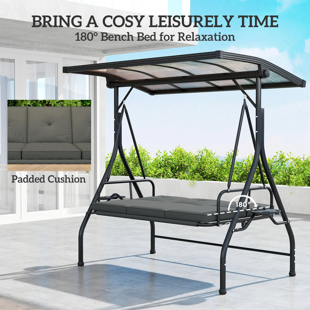 Outsunny Convertible Three-Seater Swing Bench Bed - Dark Grey