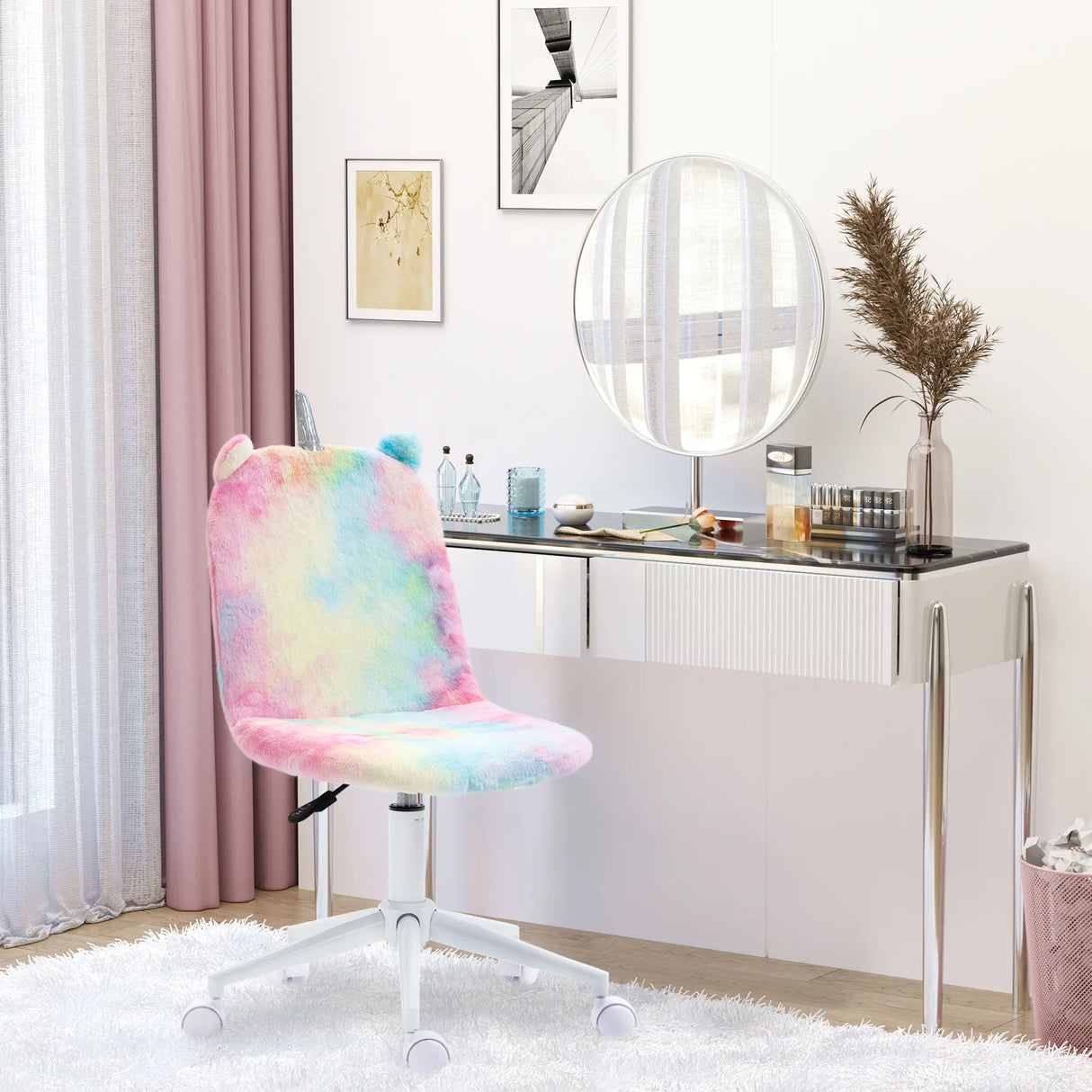 Vinsetto Fluffy Unicorn Office Chair with Mid-Back and Swivel Wheel, Cute Desk Chair, Rainbow Multi-Colored
