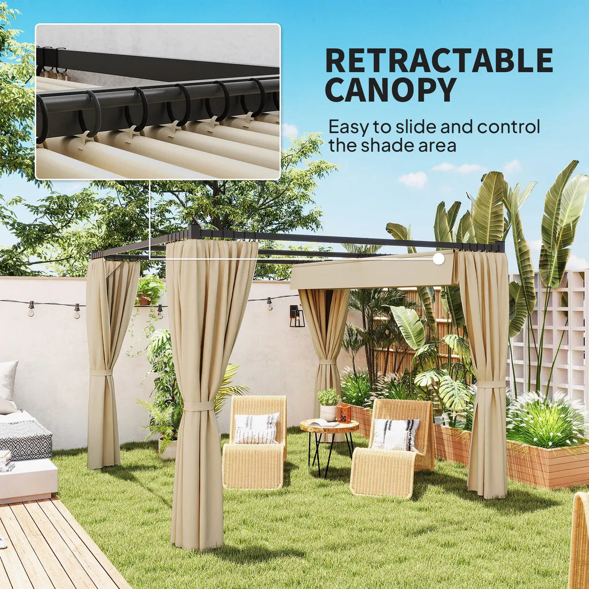 Outsunny 3 x 3(m) Retractable Pergola, Garden Gazebo Shelter with Curtains, for Grill, Patio, Deck, Beige