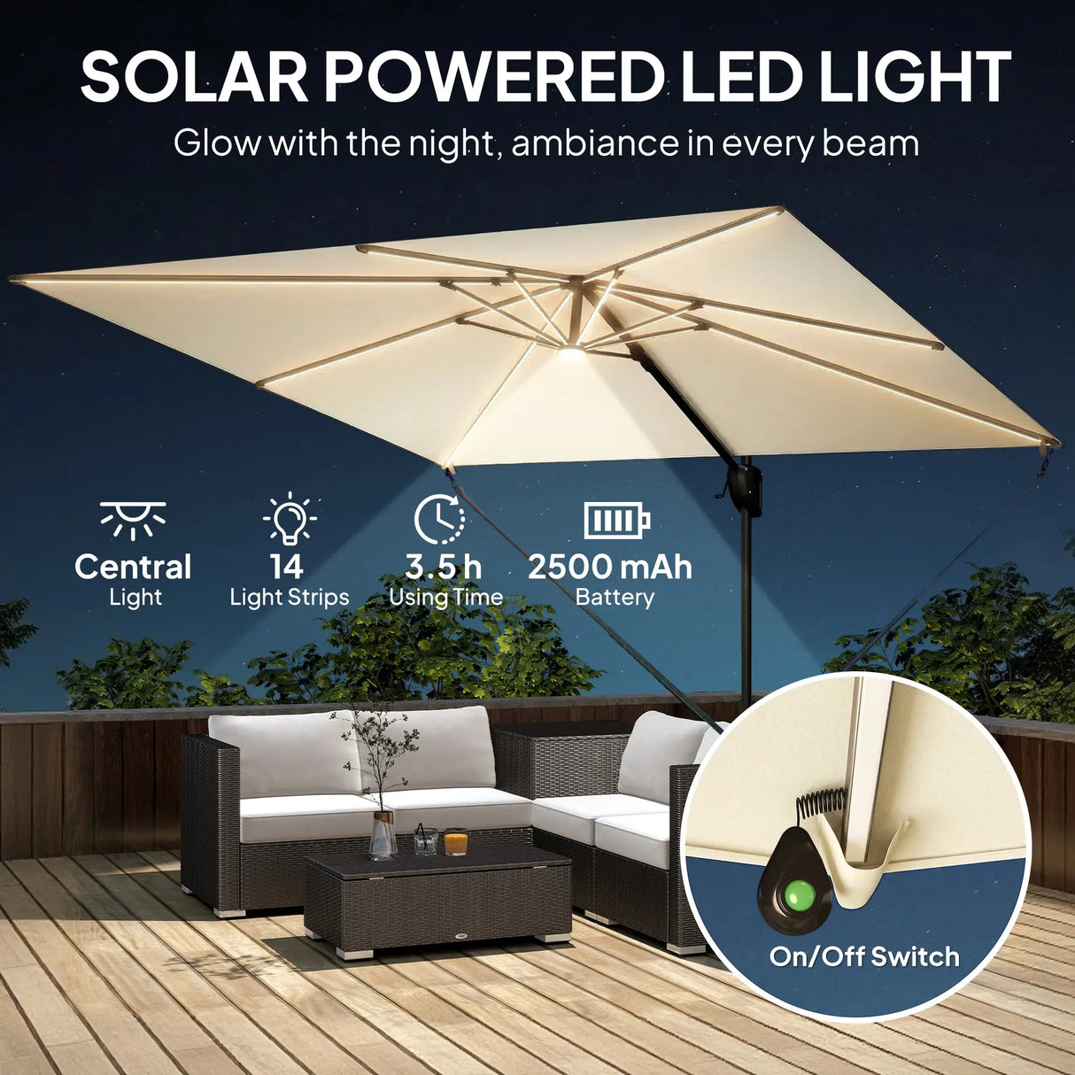 Outsunny 3 x 3 m Garden Cantilever Parasol w/ Light, Cover, UPF50+ Patio Umbrella w/ Wind Protection, 360 Rotation, Cream White