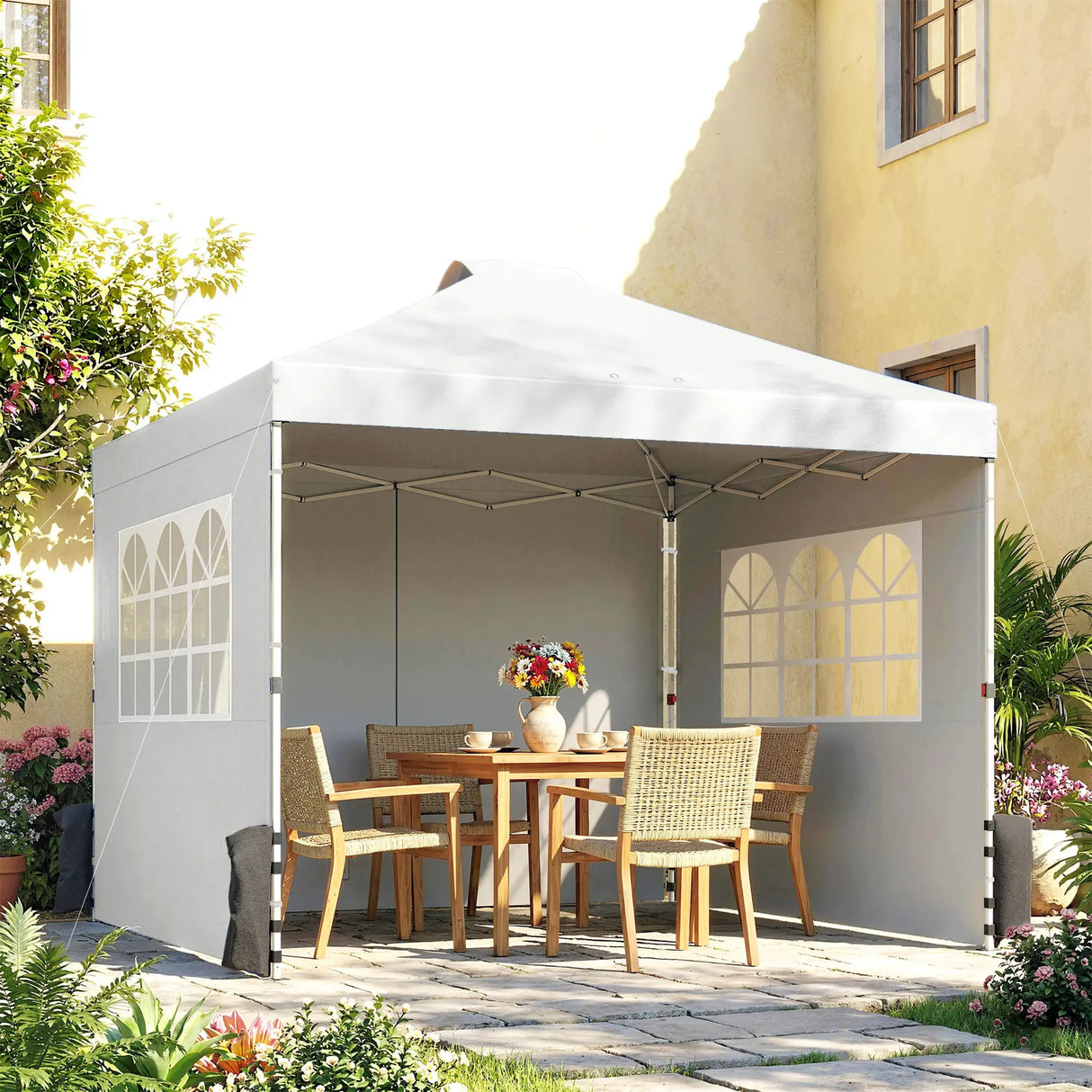 Outsunny Pop Up Gazebo Waterproof Height Adjustable Canopy with 3 Sidewalls Wheeled Bag for Parties 3 x 3 m White