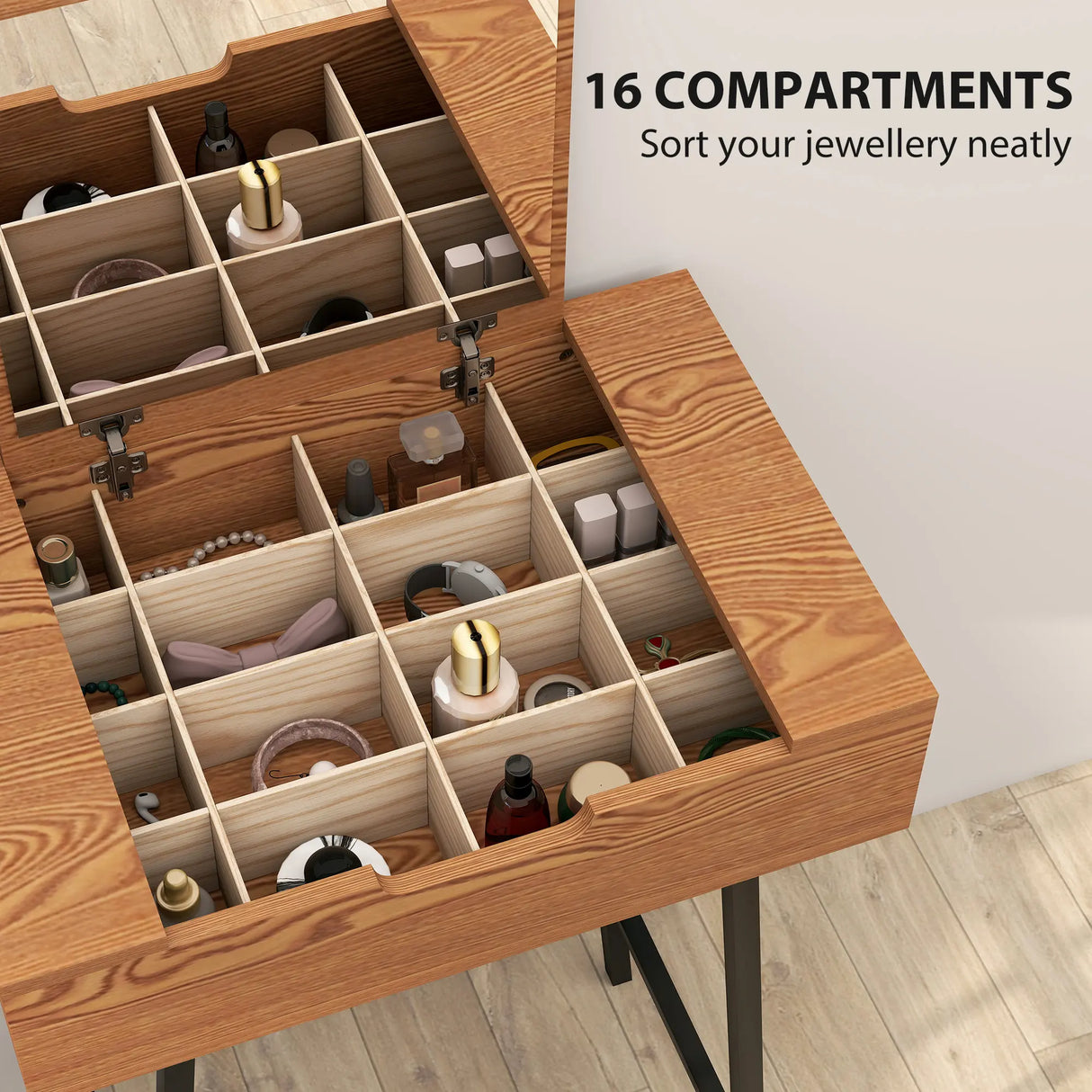 HOMCOM Vanity Desk with Flip-Up Mirror, Industrial Dressing Table with 16 Small Compartments for Bedroom, Natural Wood Effect