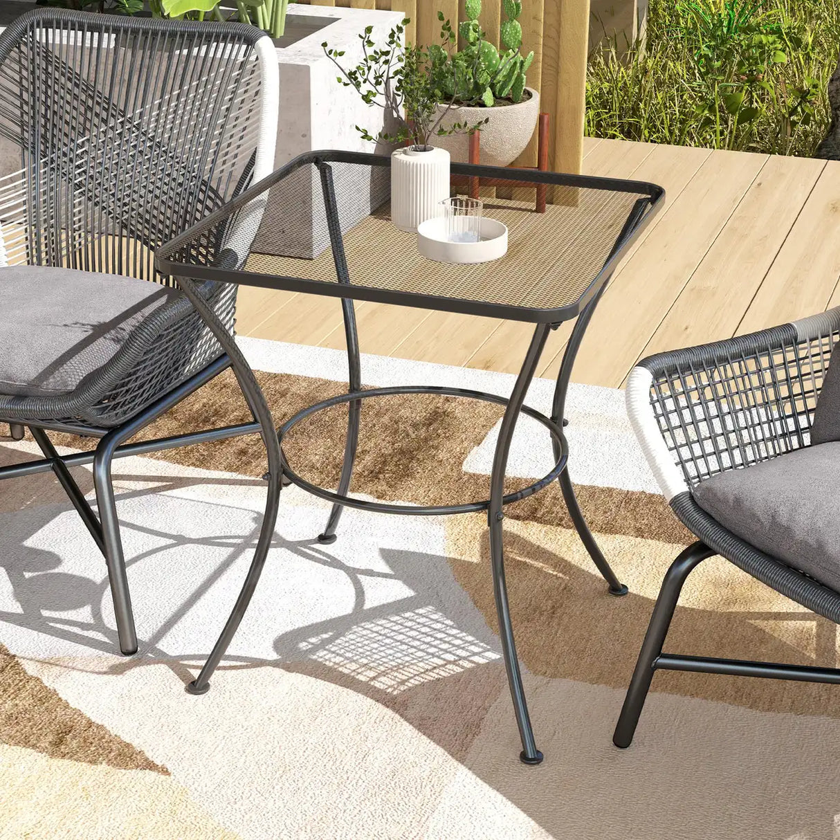 Outsunny 60cm Square Garden Table, Outdoor Metal Bistro Side Desk with Mesh Top, Black