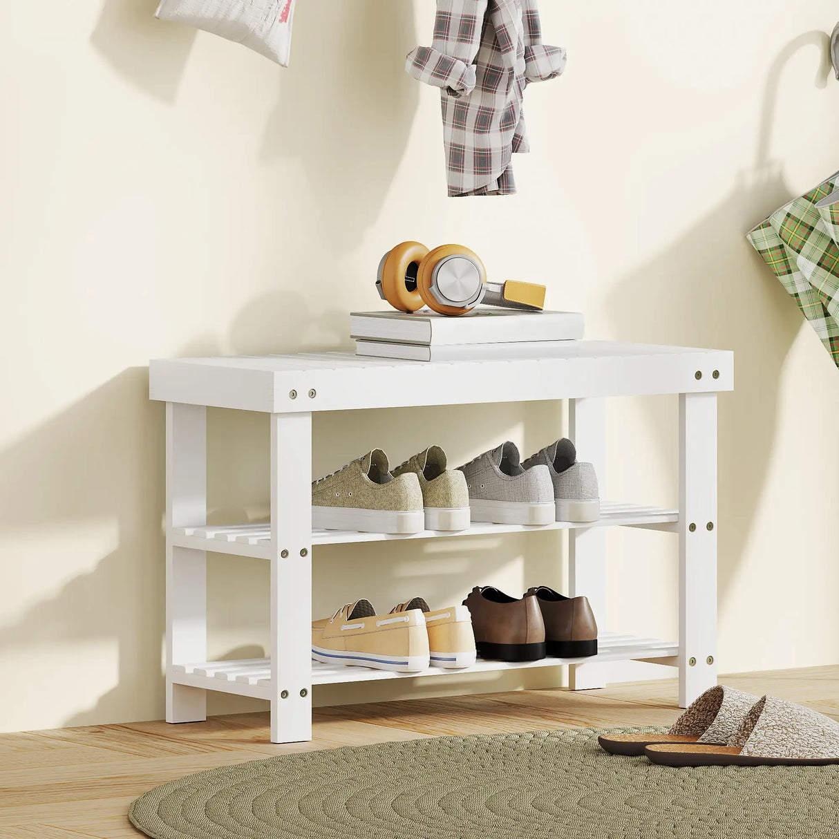 HOMCOM Two Shelf Bamboo Shoe Storage Bench - White