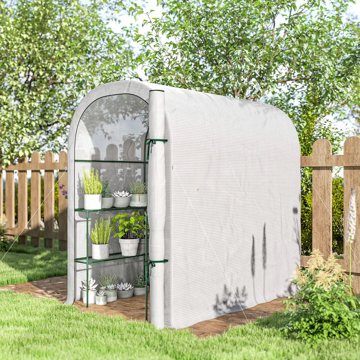 Outsunny Walk-in Greenhouse with Shelves, Small Greenhouse with PE Cover and Roll-up Door, 123 x 187 x 189 cm, White