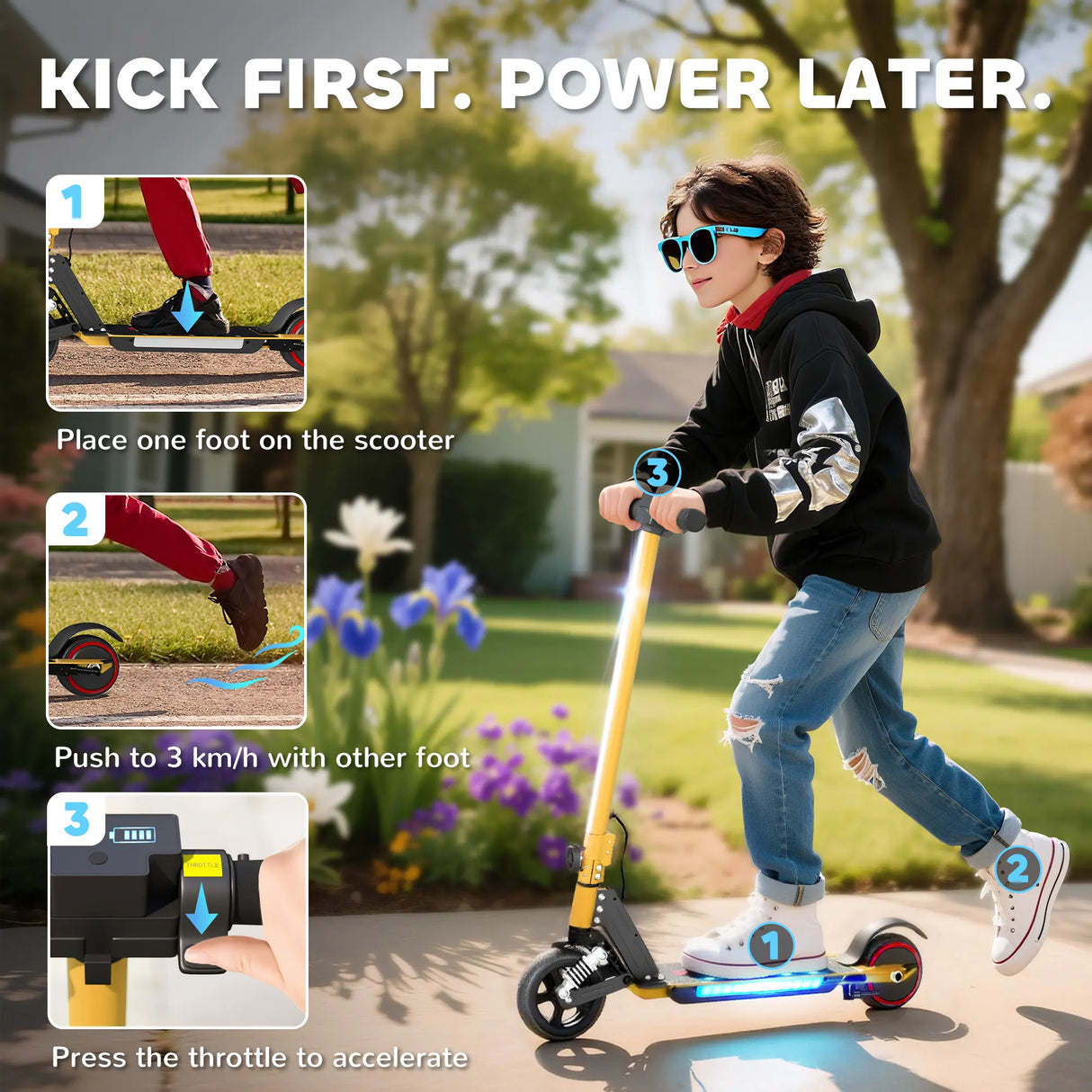 SPORTNOW Folding Electric Scooter for Kids, with Dual Brakes, Front Suspension, LED Colourful Lights, Gold Tone