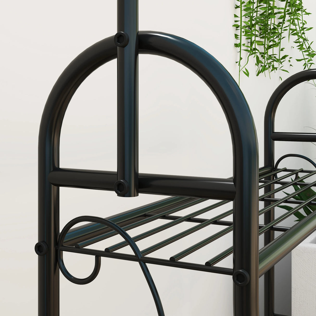 Outsunny 3 Tier Plant Stand with Hanging Rod and Hooks, Metal Plant Rack Shelf, Ladder Flower Pot for Indoor Outdoor Porch Balcony Living Room Bedroom, Black