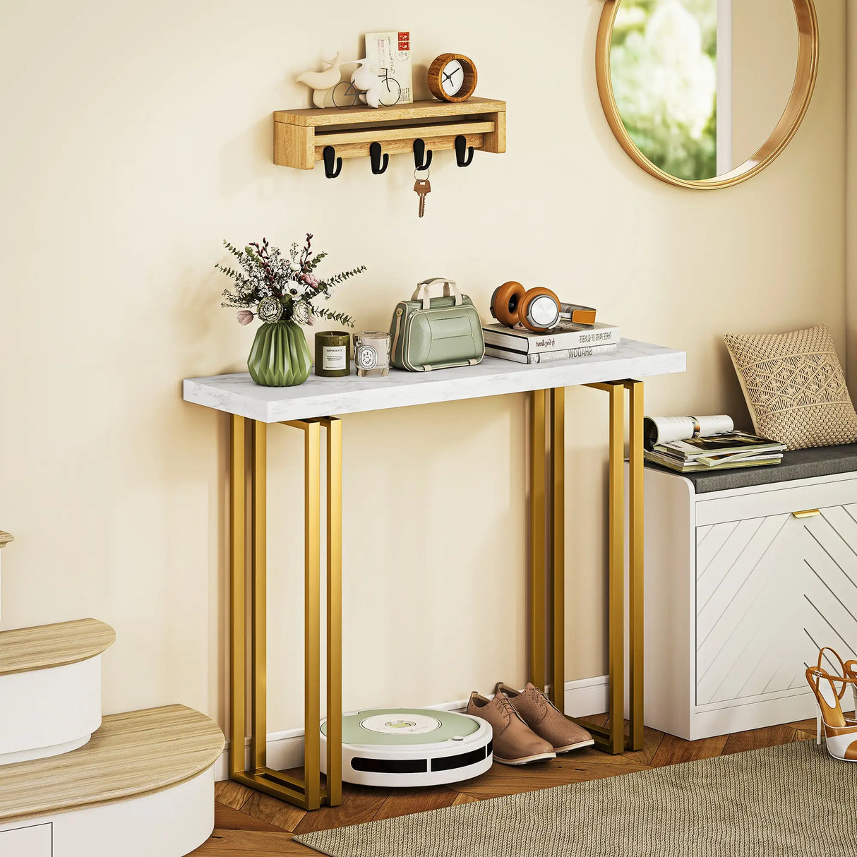 HOMCOM 100 cm Console Table with Faux Marble Top, Narrow Entryway Table with Anti-tipping Device, White