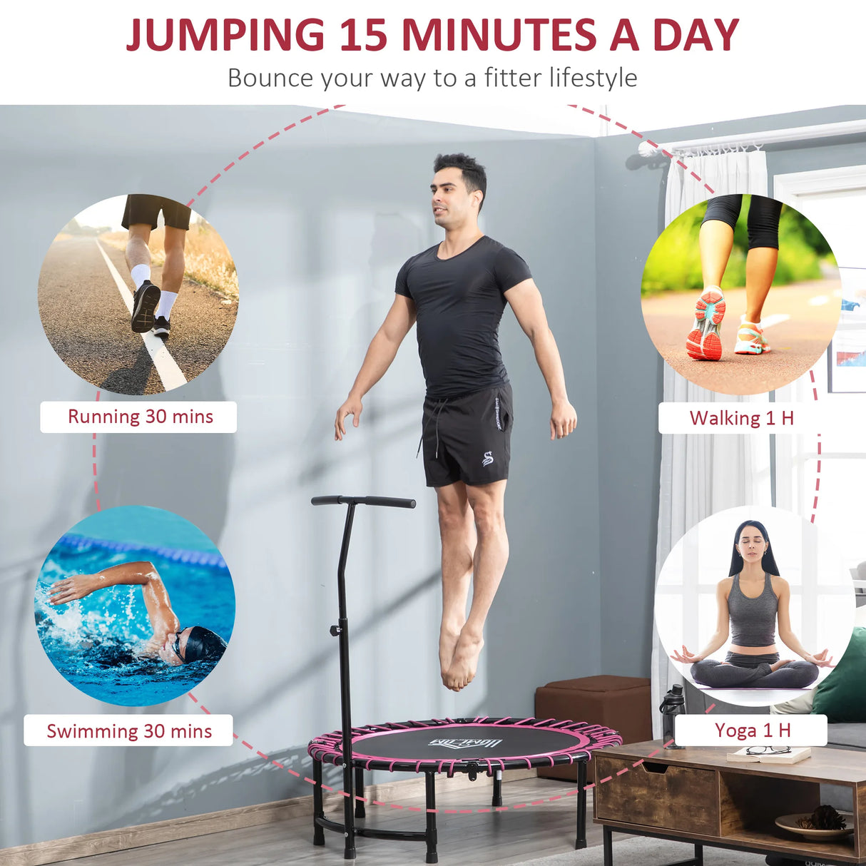 HOMCOM Mini Round Steel Frame Trampoline w/ Adjustable Handle, Pink