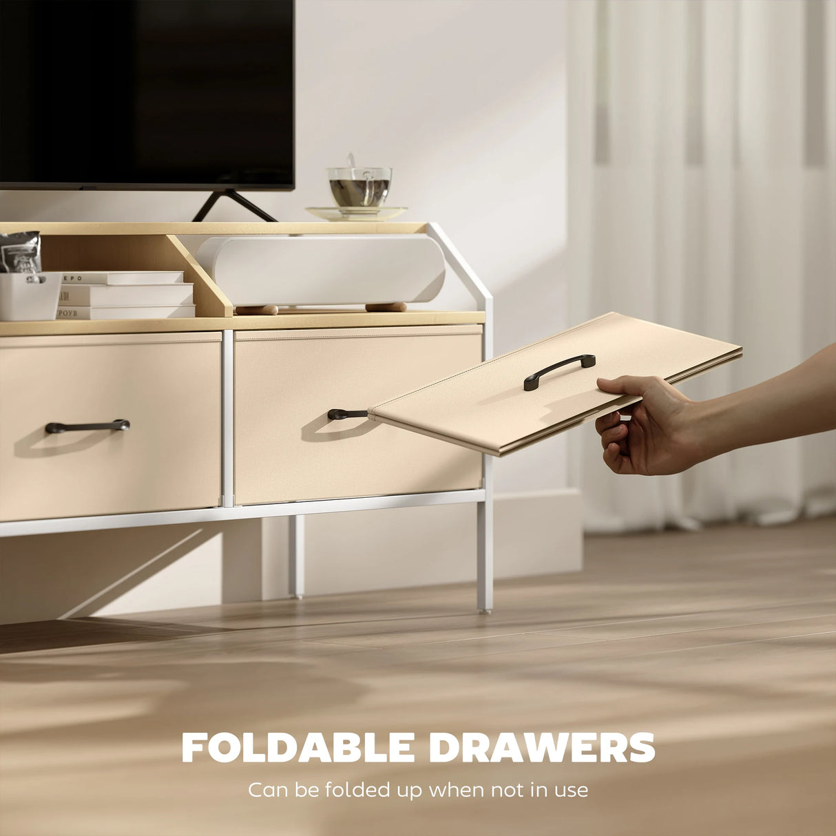 HOMCOM TV Stand Cabinet, TV Unit for 55-inch TVs with 2 Foldable Fabric Drawers, 5 Divided Side Pockets, Open Shelves, Console Table for Living Room, Bedroom, Entertainment Room, Natural Wood Finish