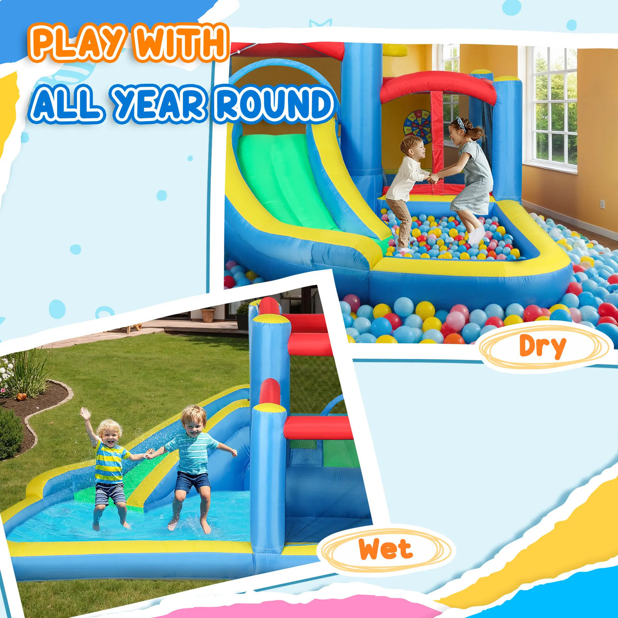 AIYAPLAY Inflatable Bouncy Castle with 550W Blower, Basketball Hoop, Long Slide, Dart Board, Carrying Bag, 385 x 290 x 180 cm
