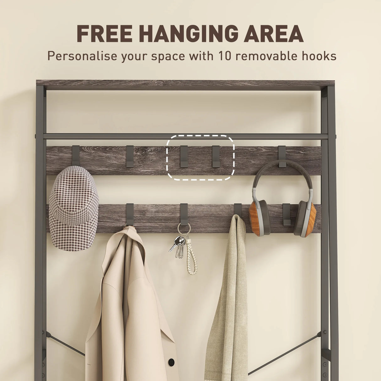 HOMCOM Coat Rack with Shoe Storage, Hall Tree, Industrial Coat Stand with Shoe Bench, 10 Removable Hooks, 2 Fabric Drawers and Clothes Rail for Entryway, Hallway, Grey