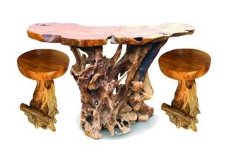 Teak Root Bar Table with 2 Teak Root Bar Stools Cutout