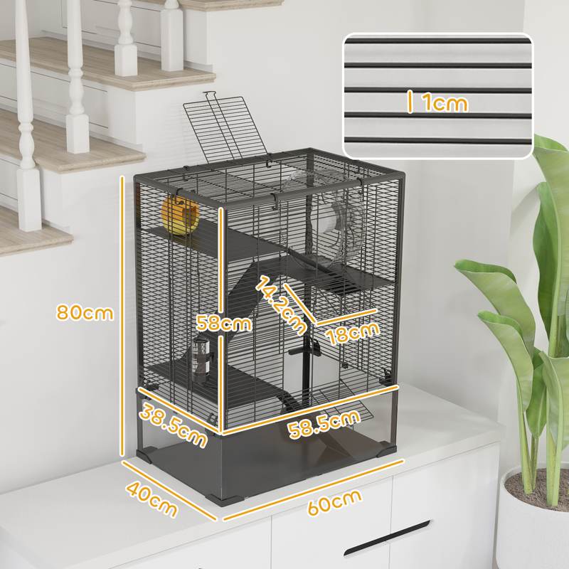 PawHut 4 Tiers Hamster Cage with Deep Tempered Glass Bottom, Hut, Running Wheel, Food Dish, Water Bottle, 60 x 40 x 80cm