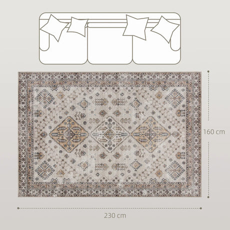 HOMCOM Vintage Area Rug, Non-Slip Washable Rug, Flannel Floor Carpet for Living Room, Bedroom, Dining Room, Home Office, 230 x 160 cm, Beige