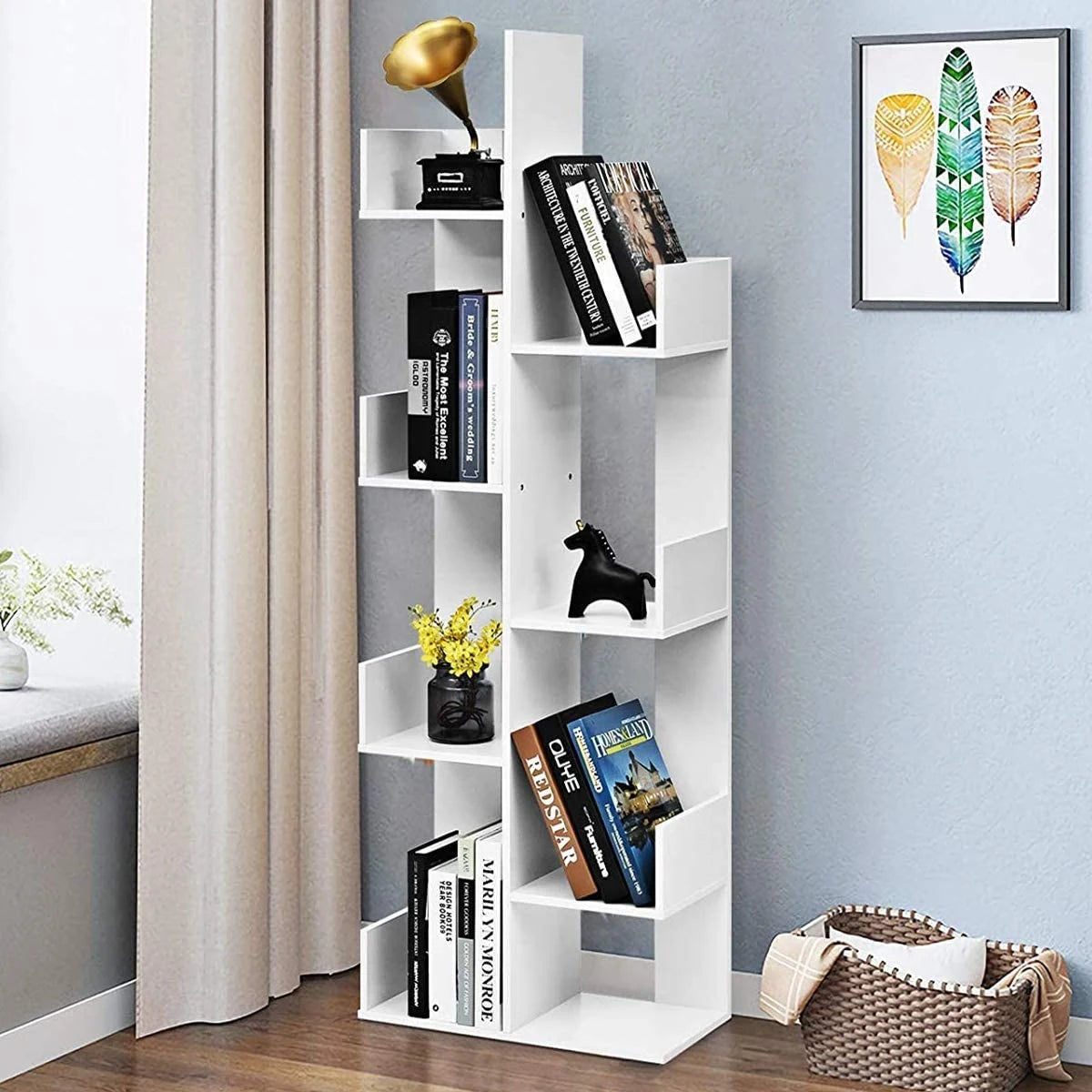 Tree-shaped bookcase with 8 compartments, standing shelf, storage shelf, 50 x 25 x 145 cm, white