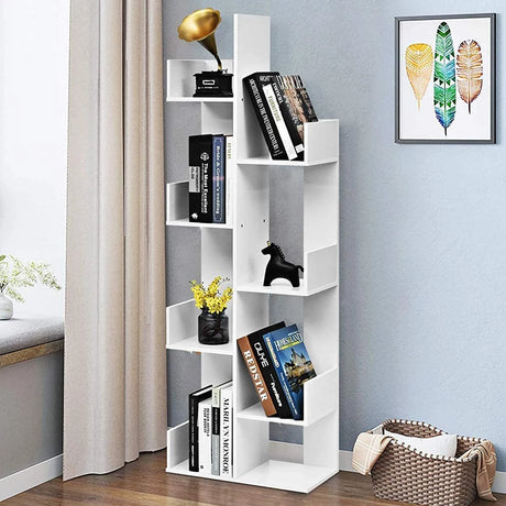 Tree-shaped bookcase with 8 compartments, standing shelf, storage shelf, 50 x 25 x 145 cm, white