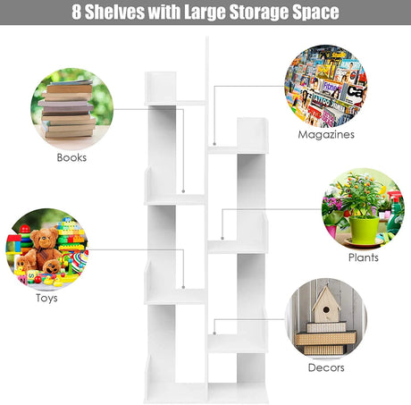 Tree-shaped bookcase with 8 compartments, standing shelf, storage shelf, 50 x 25 x 145 cm, white