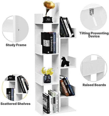Tree-shaped bookcase with 8 compartments, standing shelf, storage shelf, 50 x 25 x 145 cm, white