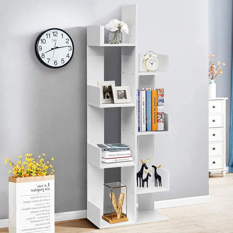 Tree-shaped bookcase with 8 compartments, standing shelf, storage shelf, 50 x 25 x 145 cm, white