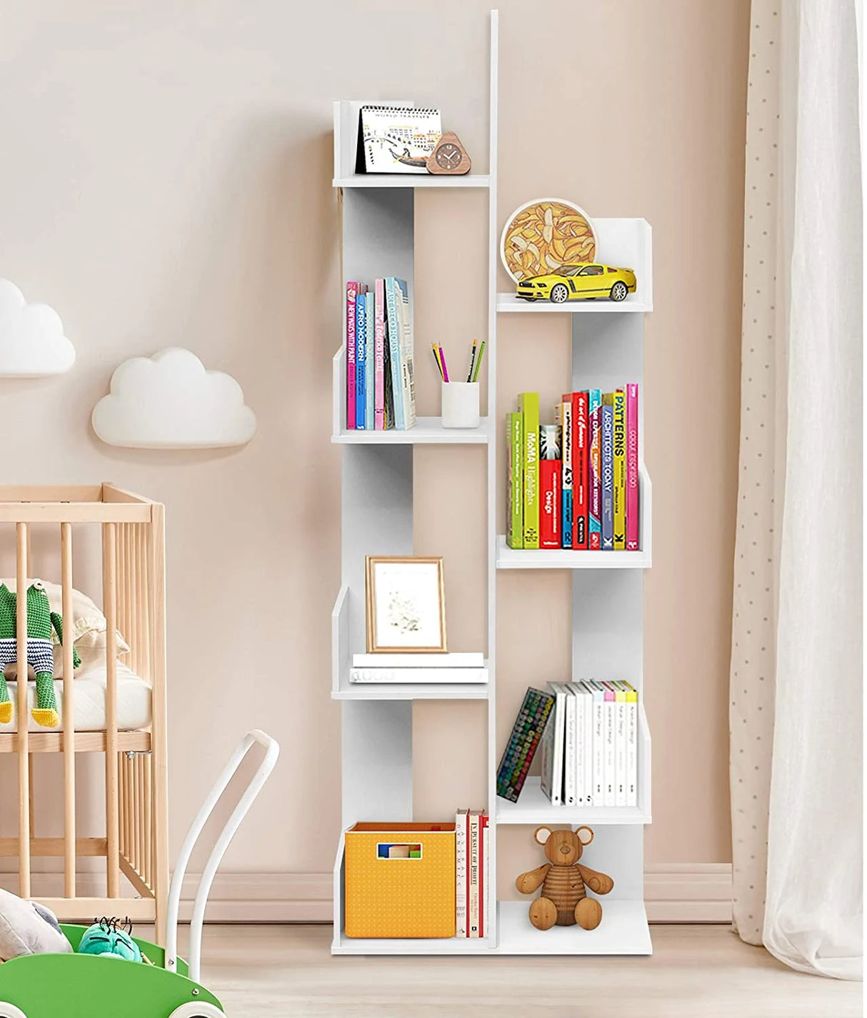 Tree-shaped bookcase with 8 compartments, standing shelf, storage shelf, 50 x 25 x 145 cm, white