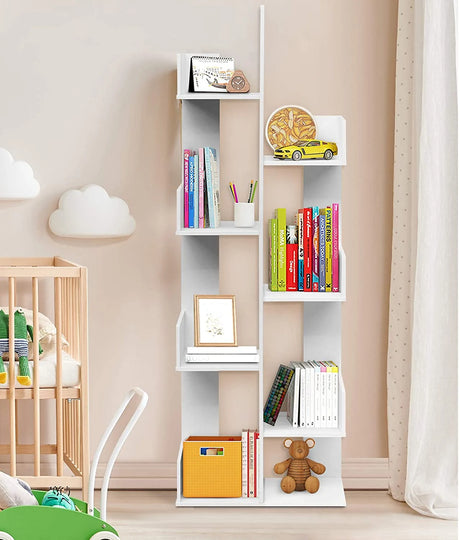 Tree-shaped bookcase with 8 compartments, standing shelf, storage shelf, 50 x 25 x 145 cm, white