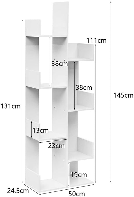 Tree-shaped bookcase with 8 compartments, standing shelf, storage shelf, 50 x 25 x 145 cm, white