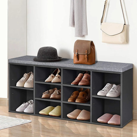 10-Cube Organizer  Entryway Padded Shoe Storage Bench-Gray
