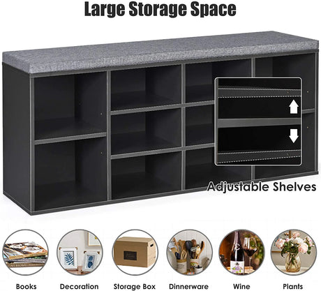 10-Cube Organizer  Entryway Padded Shoe Storage Bench-Gray