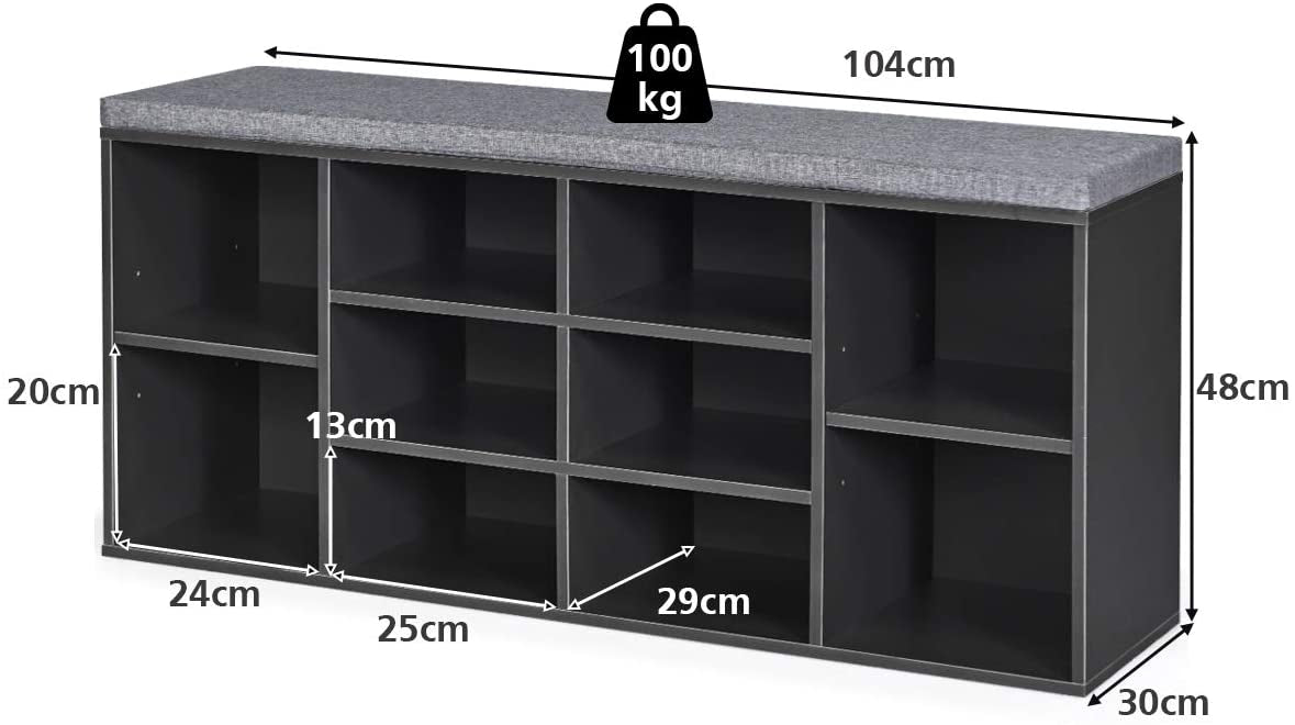10-Cube Organizer  Entryway Padded Shoe Storage Bench-Gray