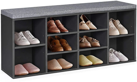 10-Cube Organizer  Entryway Padded Shoe Storage Bench-Gray