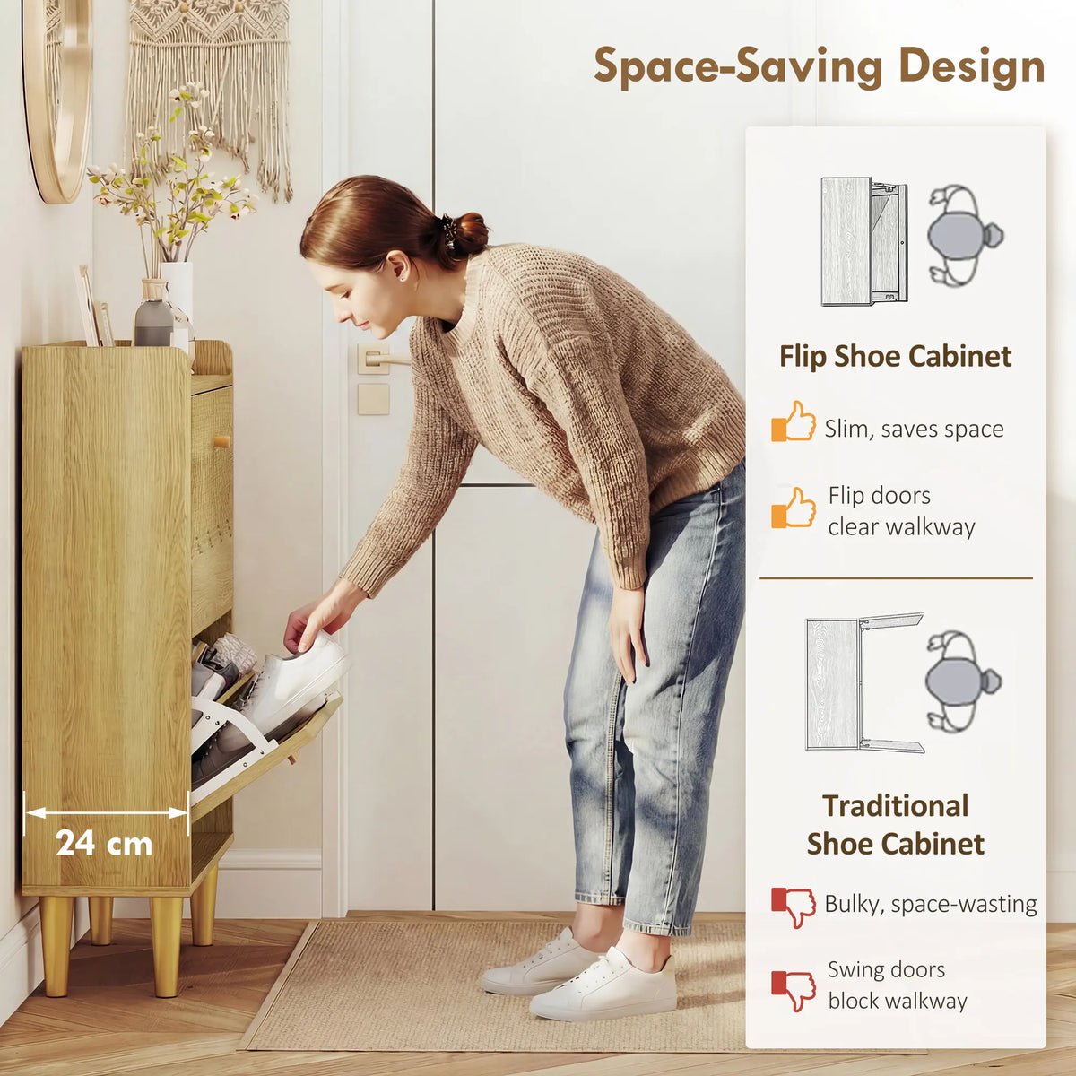 HOMCOM Narrow Shoe Cabinet, Modern Shoe Storage Cabinet with 2 Flip Drawers, Oak