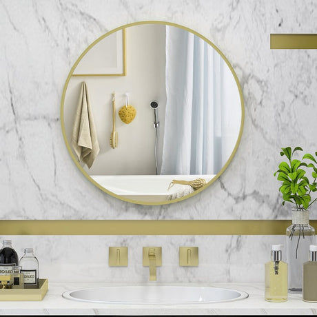 HOMCOM 70cm Aluminium Frame Round Bathroom Mirror - Gold Tone