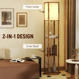 HOMCOM Floor Lamp with Shelves, 4 Layer Standing Lamp with USB Ports, 3 Colour Temperature, Rustic Brown