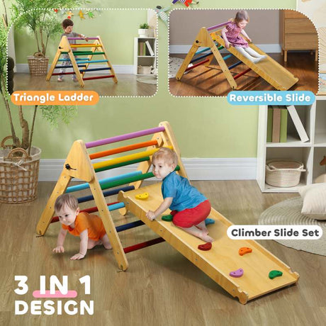 AIYAPLAY Toddler Climbing Frame for Kids with Ramp, 3 in 1 Wooden Pikler Triangle Set for 18-48 Months, Multicolour