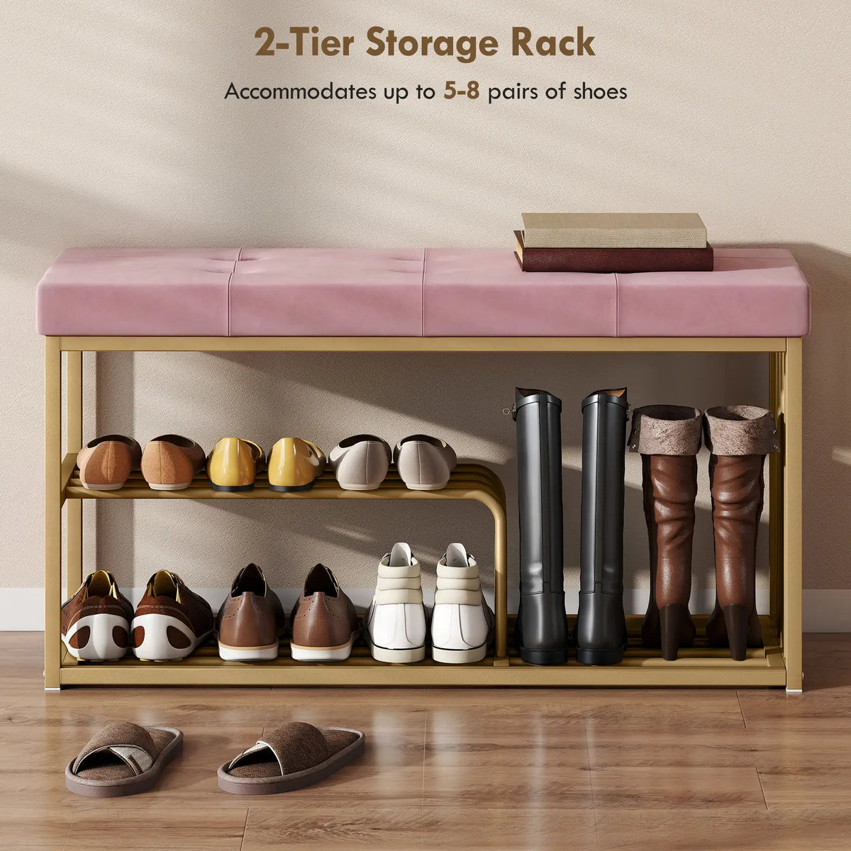 HOMCOM Bench and Shoe Storage, Tufted Shoe Storage Bench with Velvet Seat Cushion Gold Steel Frame for Entryway, Pink