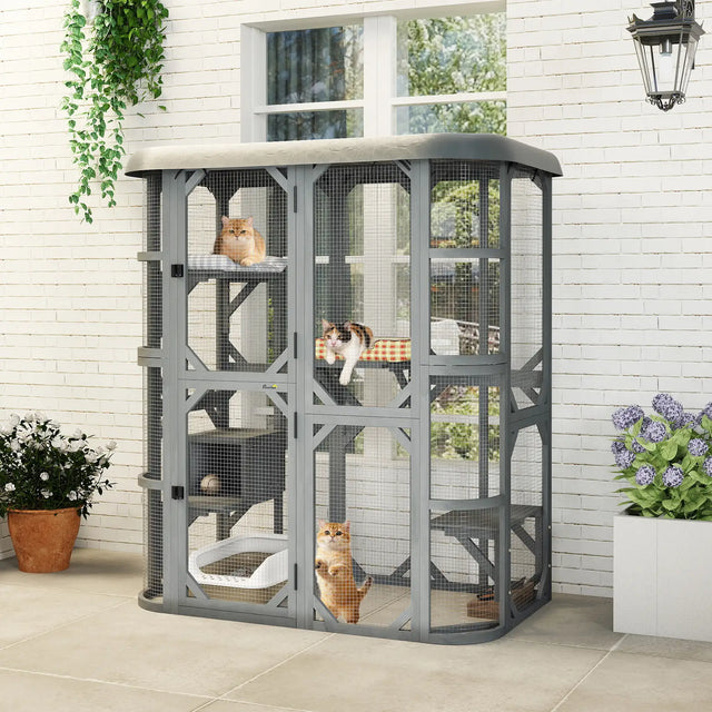 PawHut Catio Outdoor Cat Enclosure,  Wooden Cat House with Platforms, Condo and Waterproof Cover for 23 Kittens, Grey